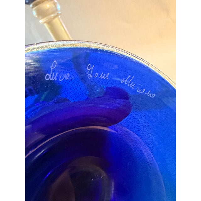 1980s Vintage Murano Art Glass Large Blue and Gold Candlesticks Signed For Sale - Image 5 of 7