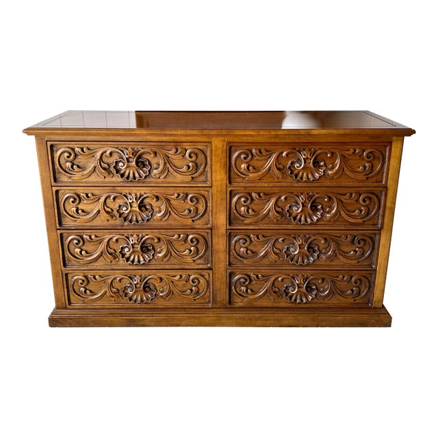 Vintage Carved Wood 8-Drawer Dresser | Sideboard | Credenza | Chest | Boho, European, Cottagecore Furniture For Sale