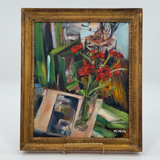 Vintage Original Oil Painting Red Roses Still Life For Sale - Image 9 of 13