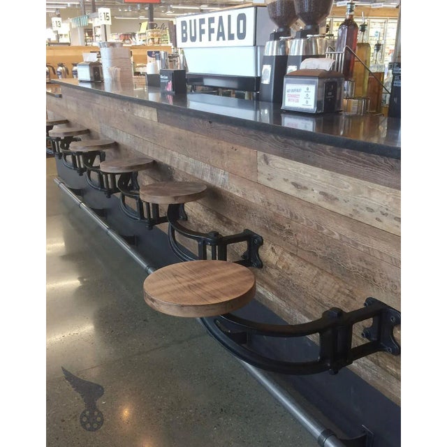 Rustic Industrial and Rustic Stool , Swing Out Seat, Iron and Walnut Set of 4 For Sale - Image 3 of 6