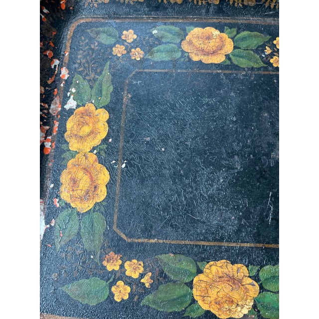Rustic European Antique French Hand-Painted Floral Toleware Tray For Sale - Image 3 of 10