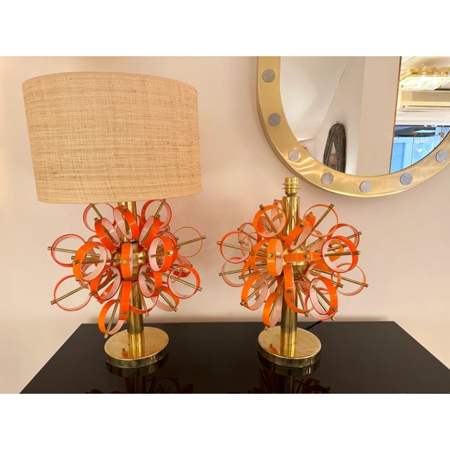 Metal Contemporary Pair of Brass Sputnik Rings Murano Glass Lamps , Italy For Sale - Image 7 of 12
