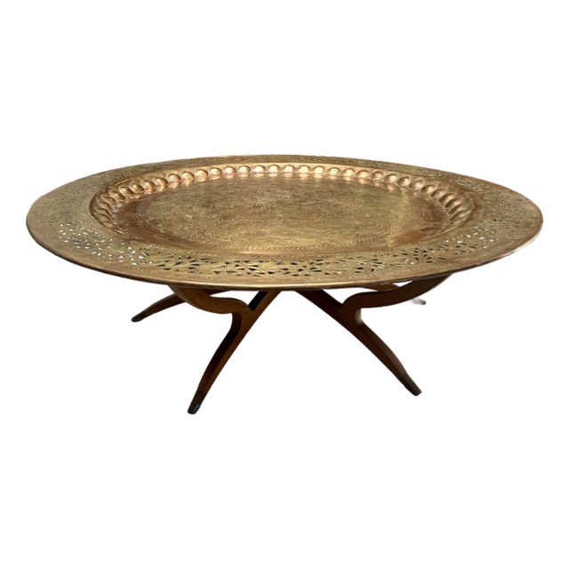 Large Vintage Moroccan Copper Tray Table With Spider Leg Base For Sale