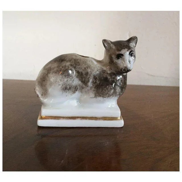 Ceramic Antique Early 19th Century English Regency Porcelain Cat Form Inkwell For Sale - Image 7 of 10