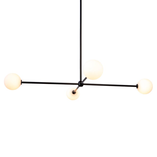 Metal Globe Chandelier 4, Black, 21.5in H, 5 Inch Glass Globes, by Research.Lighting, Modern, Minimal Hanging Light For Sale - Image 7 of 13