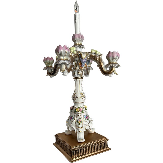 MId-Century Dresden Porcelain Floral Fruit Candelabra Table Lamp For Sale - Image 13 of 15
