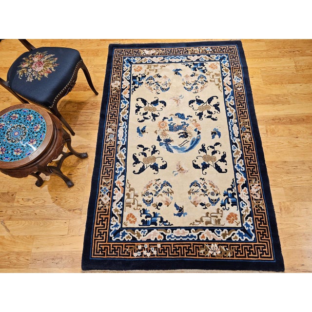1900 - 1909 Vintage Chinese Art Deco Area Rug, Hand-Knotted Wool Pile, Ivory Field, 5' x 7' For Sale - Image 5 of 16
