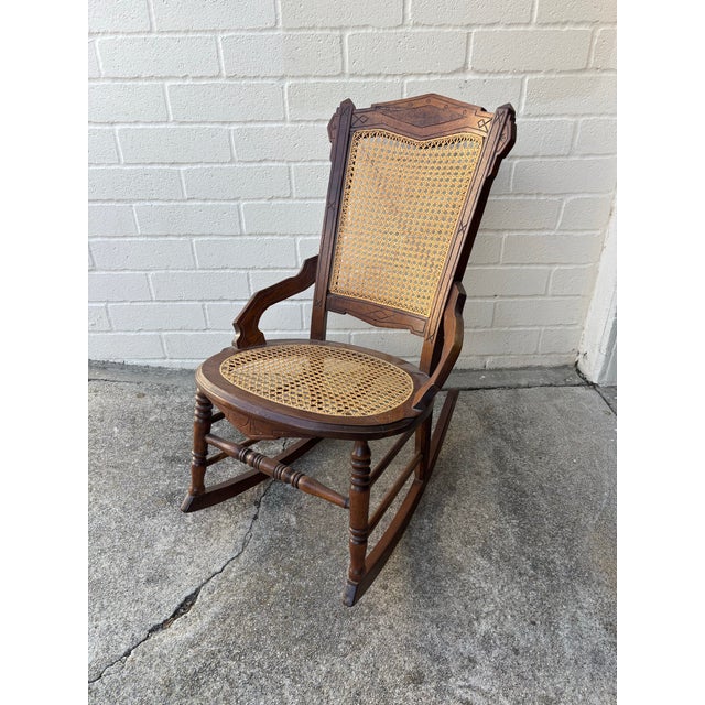 Brown Vintage Victorian Wooden & Cane /Rattan Rocking Chair For Sale - Image 8 of 8