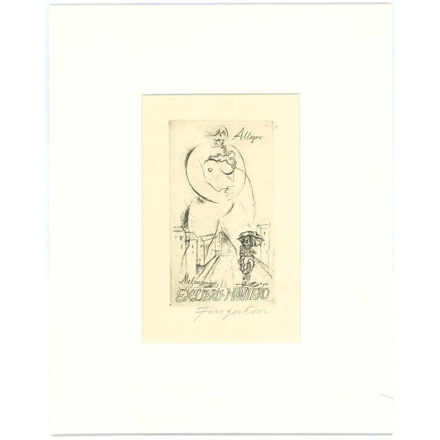 Image dimensions: 13 x 7 cm. Ex libris - allegro melanconico is an original etching artwork realized by michel fingesten...