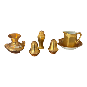 1910s 4 Gold Porcelain Antique Salt Pepper Shakers and Creamer - 6pcs
