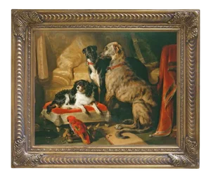 "Dogs with Parrot” Contemporary Reproduction Print on Canvas After Sir Edwin Landseer, Framed