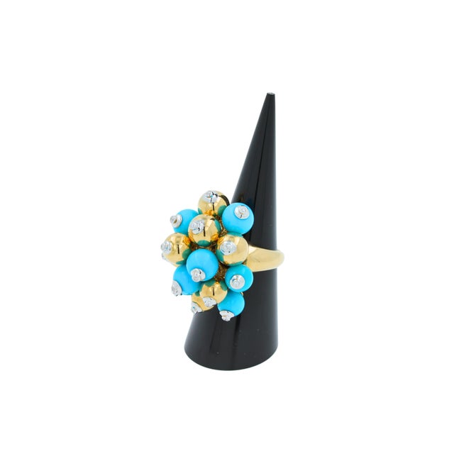 Early 21st Century Blue Turquoise Diamonds Golden Spheres Balls Christmas Bells Motif 18k Gold Ring, Size 6 For Sale - Image 5 of 14