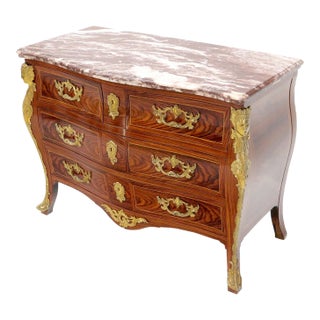 Bombe French Marble Top Bronze Ormolu Louis XV Style 4 Drawers Dresser Commode For Sale