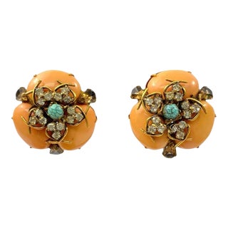 Early 21st Century Iradj Moini Earrings Coral Turquoise Strass Cabochon Clip On - 2 Pieces For Sale