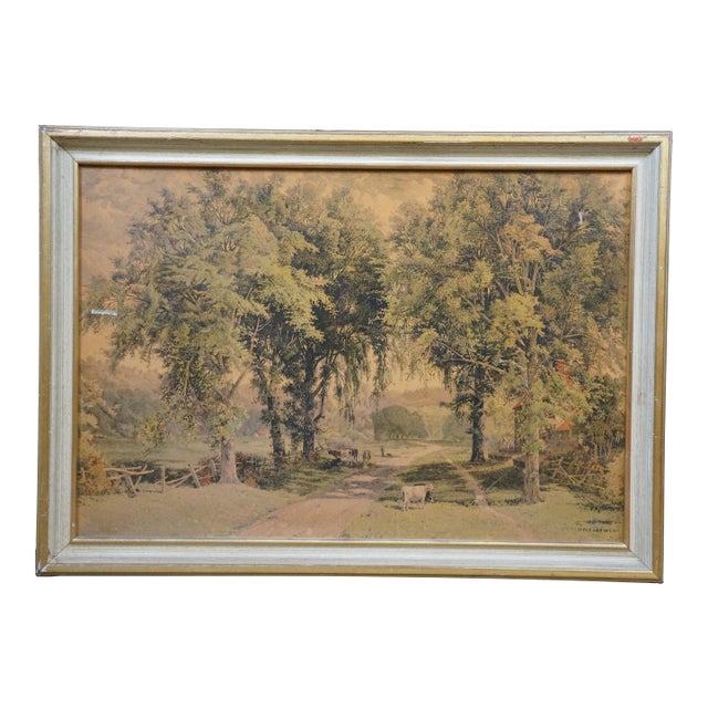 Antique Hw Robbins Where Noble Elms Abound Cows Farmhouse Road Etching 34" For Sale