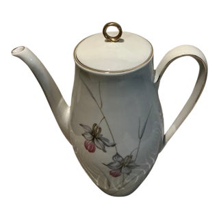 Vintage Bareuther Waldsassen Bavaria Porcelain Floral Coffee Pot With Gold Accents For Sale
