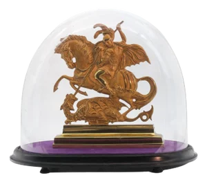 Antique Bronze & Ormolu Saint George & The Dragon In Domed Glass Display Cloche, 1860