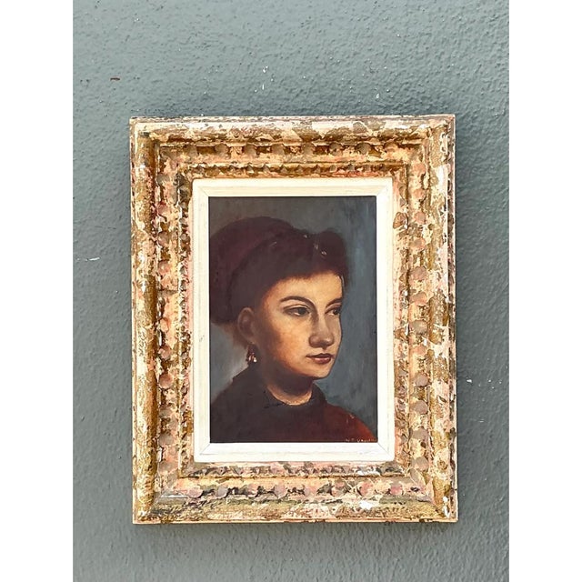 Brick Red Vintage Framed Portrait Oil on Canvas For Sale - Image 8 of 12