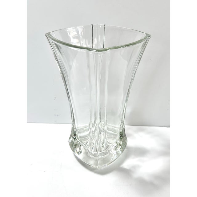 French Mid Century Modern Clear Glass Vase / Sculptural Flared Heavy Glass Vase For Sale - Image 11 of 12