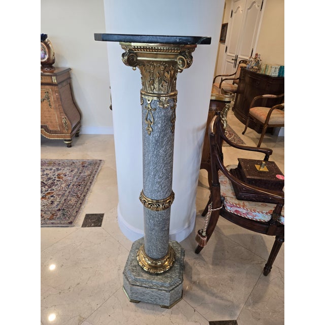 Ornate French Style Louis 16th Gray Marble and Bronze Pedestal sold as found in good vintage condition.