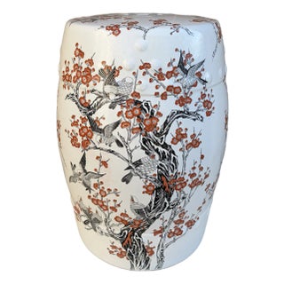 Late 20th Century Chinoiserie Cherry Blossom Orange and Black Porcelain Garden Stool or Side Table For Sale