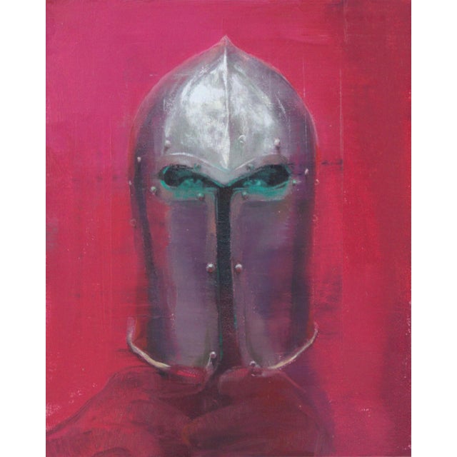 Neon Watcher by Elena Burykina | Oil on panel Helmet against a pink background. For Sale