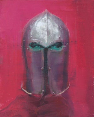 Neon Watcher by Elena Burykina | Oil on panel Helmet against a pink background.
