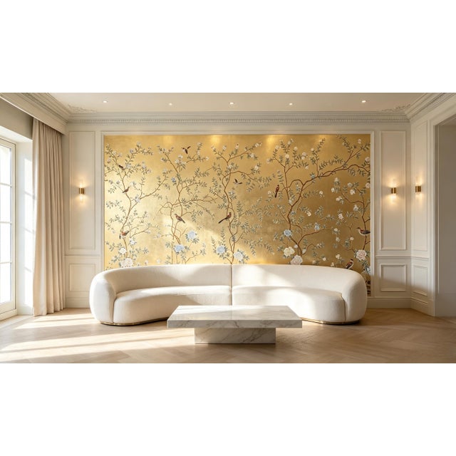 A refined hand painted gold leaf wallpaper featuring an elegant bird perched among delicate flowering branches and...
