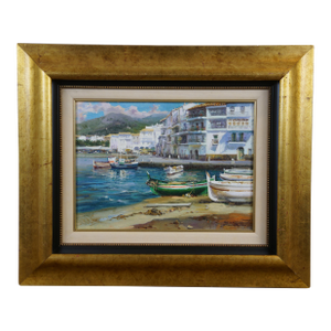 Late 20th Century Salvador Caballero Rincon Cadaques Costa Brava Ocean Harbor Oil Painting, Framed