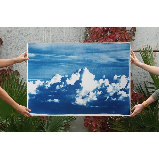 Blustery Clouds After a Storm, Sky Blue Handprinted Cyanotype on Watercolor Paper, Meaningful Scene 28x40 Inch. Limited Edition For Sale - Image 9 of 13