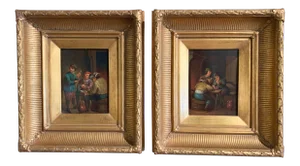 19th Century Flemish Oil on Copper Paintings in Gilt Frame After Teniers - a Pair