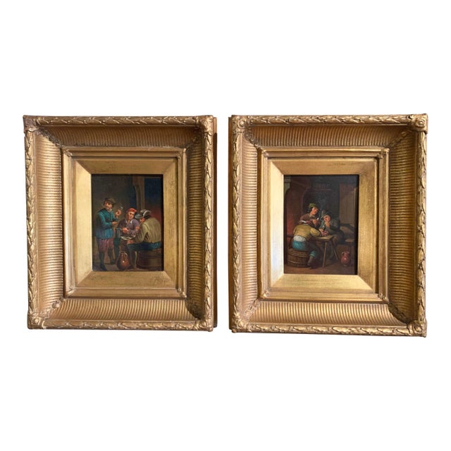 Pair of 19th Century Flemish Tavern Scene Oil Paintings on Copper For Sale