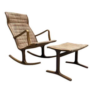 1970s Mid-Century Japanese Vintage Tendo Mokko Heron Rocking Chair and Ottoman Set