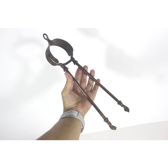 Antique Brass and Copper Tone Fire Tongs or Coal Tool For Sale - Image 4 of 12