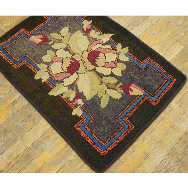 American Adorable Brown Background Color Peculiar Flower Geometric Design Antique American Hooked Rug For Sale - Image 3 of 9