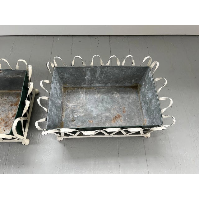 1930's White Painted Zinc Cachepot Planters or Jardinieres With Green Tole Liners on Ball Feet - a Pair For Sale - Image 9 of 13
