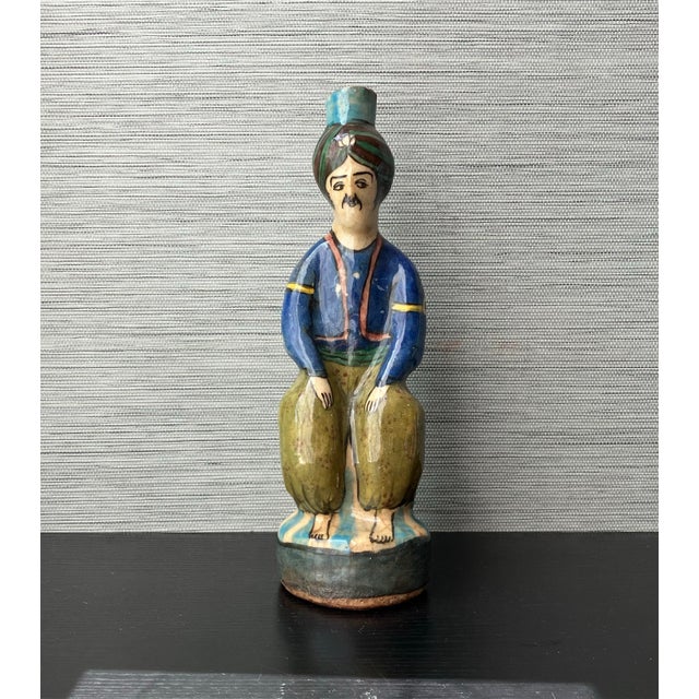 Figurative Mid–Late 19th Century Persian Qajar Dynasty Polychrome Fritware Figural Flask For Sale - Image 3 of 12