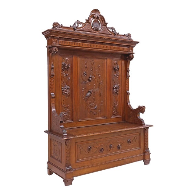 1800's Antique Talian Ren Revival Carved, Walnut, Storage, Hall Bench For Sale