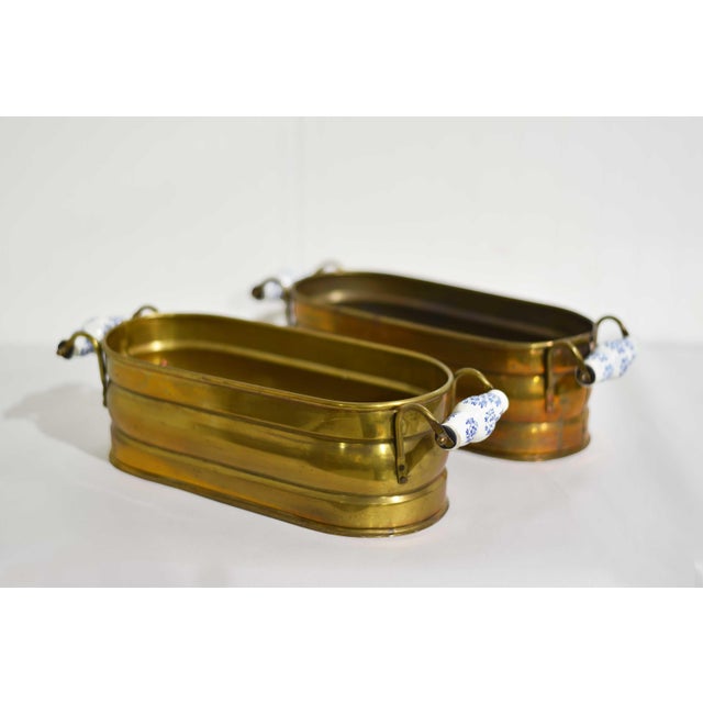 Vintage Brass Herb Planters With Blue & White Ceramic Handles - A Pair For Sale - Image 11 of 12