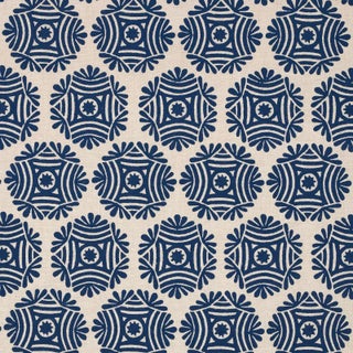Schumacher x Drusus Tabor Gilded Star Block Print Fabric in Navy on Natural For Sale