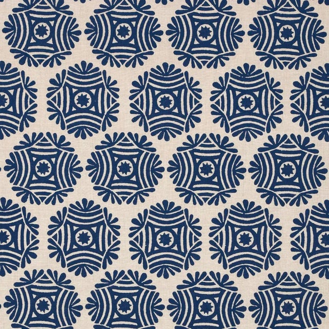 Schumacher x Drusus Tabor Gilded Star Block Print Fabric in Navy on Natural For Sale