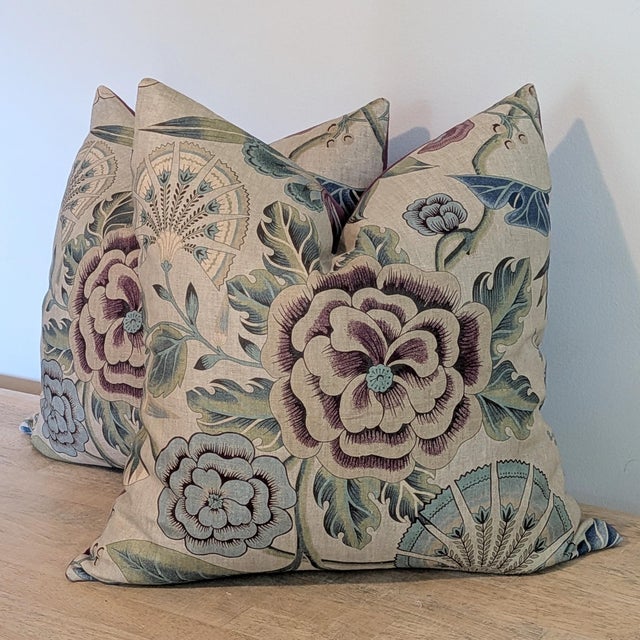 Not Yet Made - Made To Order Thibaut Cleo Pillows in Plum & Blue With Schumacher Glazed Linen Backs For Sale - Image 5 of 7