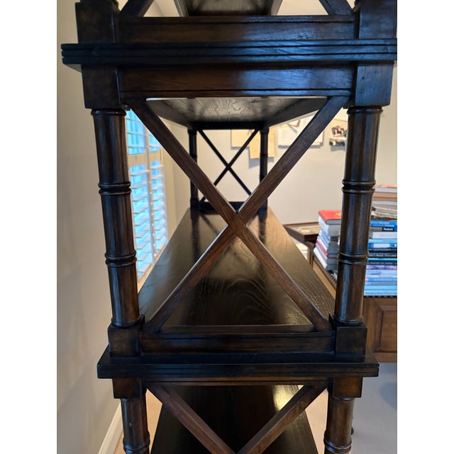 Traditional Pair of British Khaki Bookcase Etageres Walnut Brown Bamboo Motif For Sale - Image 3 of 6