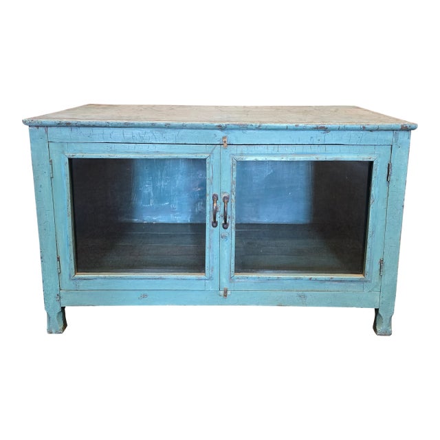 1980s Industrial Teal Glass Door Low Cabinet For Sale