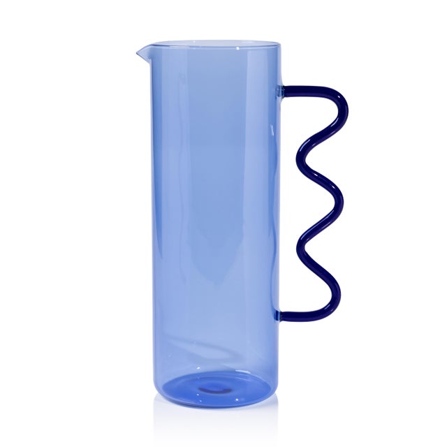 Contemporary Costa de Sol Glass Wavy Handle Pitcher, Blue For Sale - Image 3 of 3