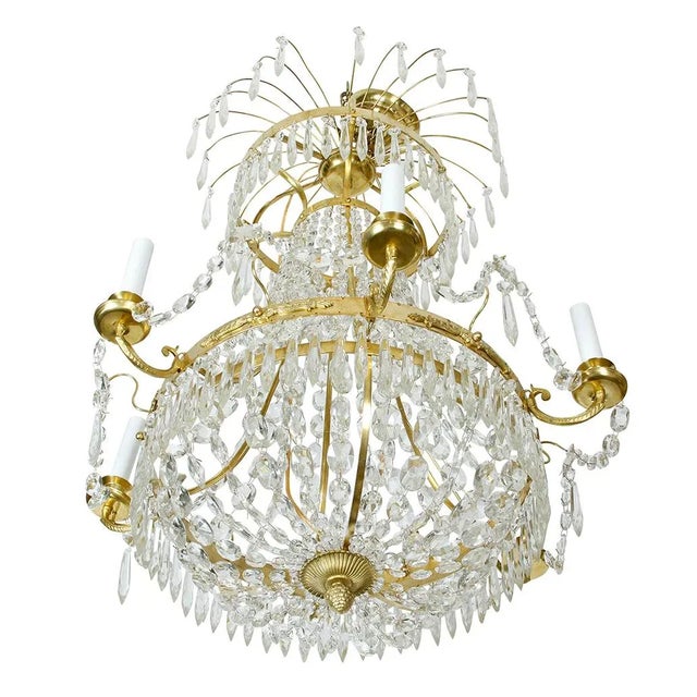 Crystal and brass Swedish chandelier with six arms and multiple tiers