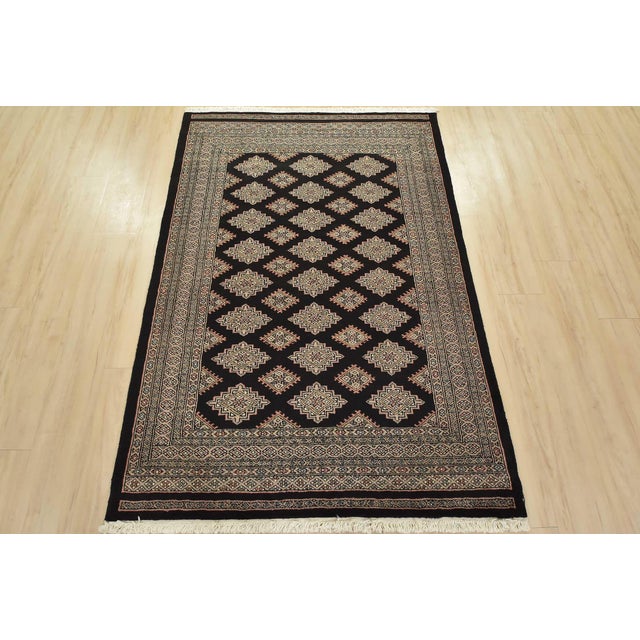 Tribal Bokhara Rug 4’2” X 6’1” Black Wool Tribal Hand-Knotted Oriental Carpet For Sale - Image 3 of 11