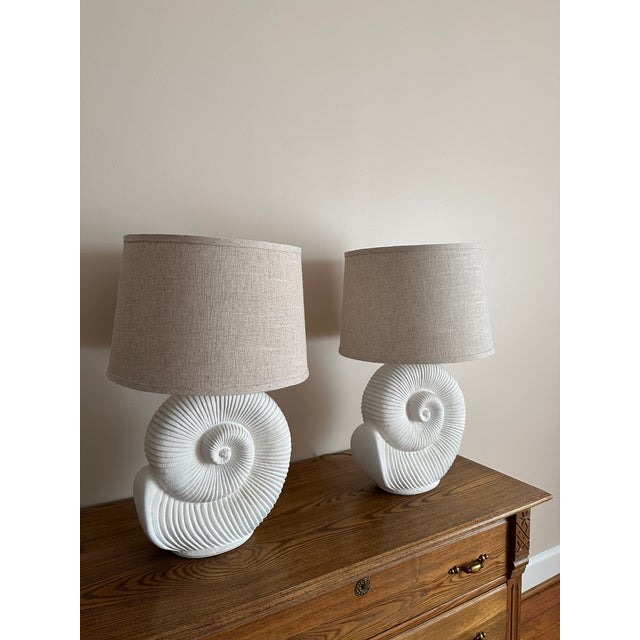 Late 20th Century Vintage Spiral Shell Table Lamps With Linen Drum Shades - A Pair For Sale - Image 5 of 18
