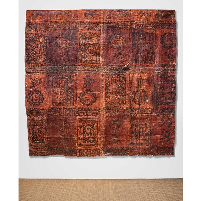 Dimensions: 121"w x 104"h 20th century Tahitian bark cloth wall hanging with bird + agrarian motifs, currently hung from...
