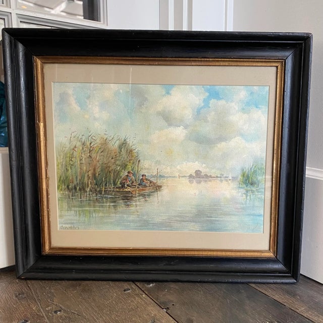 Beautifully done watercolor by British listed artist Bernard Harper Wiles of a lovely scene with two men fishing from a...
